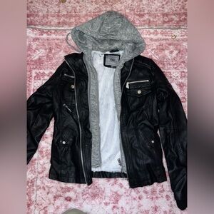 YMI Black Faux Leather Jacket with Gray Hood